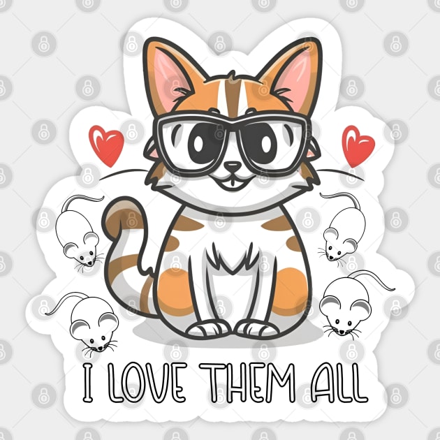 I Love Them All: Whimsical Cat Adventure in Vivid White, Blue, Gray, and Red Sticker by PopArtyParty